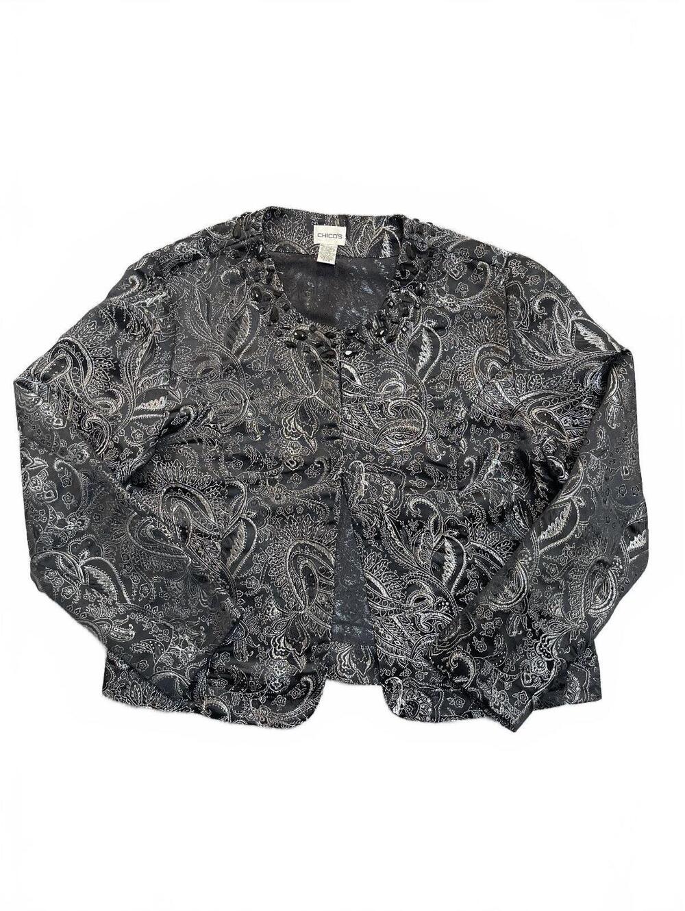 Chicos Jacket Womens 2 Large Black Metallic Paisley Beaded Neck Open Front
